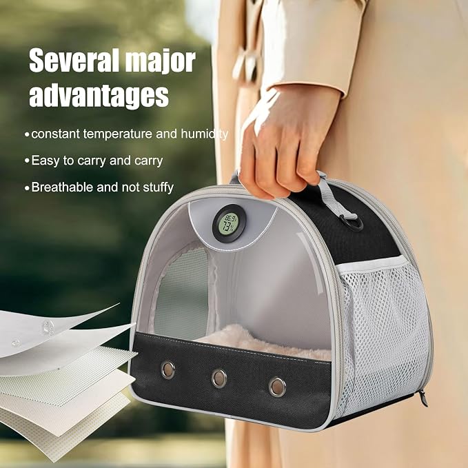 Bearded Dragon Travel Backpack Carrier with Reptile Thermometer and Humidity Gauge Lizard Travel Cage Space Capsule Clear Bubble Window Astronaut Reptile Bag for Ball Python (Black, Carrier+I LSH)