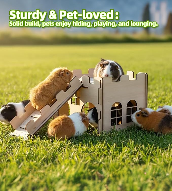 HIIMALEX Sturdy Guinea Pig Hideout Wooden Castle for Guinea Pig Chinchilla Hedgehog Gerbil Hamster Rat House Habitat for Playing and Hiding (Castle with Ramp & Mat)