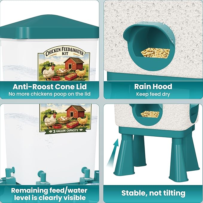 Erinaik Chicken Feeder and Waterer Set, 3 Gallon/16 LB Automatic Poultry Feeding System with Hanging Option, No Waste Feeder Ports & Water Cups, BPA-Free, Ideal for Hens Ducks and Poultry (BLUE2)