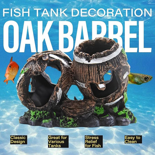 Aquarium Decoration Oak Barrel – 4.9 x 3.9 Inch Fish Tank Ornament Classic Wood Barrel with Holes for Small Fish Hiding, Durable Resin Structure, Easy to Clean and Maintain