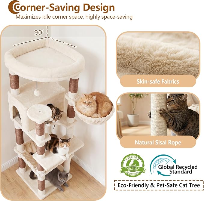 Heybly Cat Tree, 53.1-Inch Corner Stable Cat Tower for Large Indoor Cats, Well-Structured Interactive Cat Condo with Fan-Shaped Top Perch, Cozy Condo, Sturdy Base, Basket & Hammock, Beige HCT029MJ