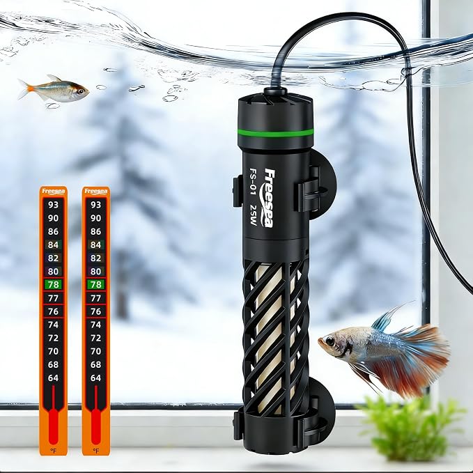 FREESEA Aquarium Heater for Fish Tank: 25W Preset 78°F - 24/7 Stable Temperature Worry-Free Keeping - Auto-Off Out of Water - 1–5 gal Betta Turtle & Saltwater Tank