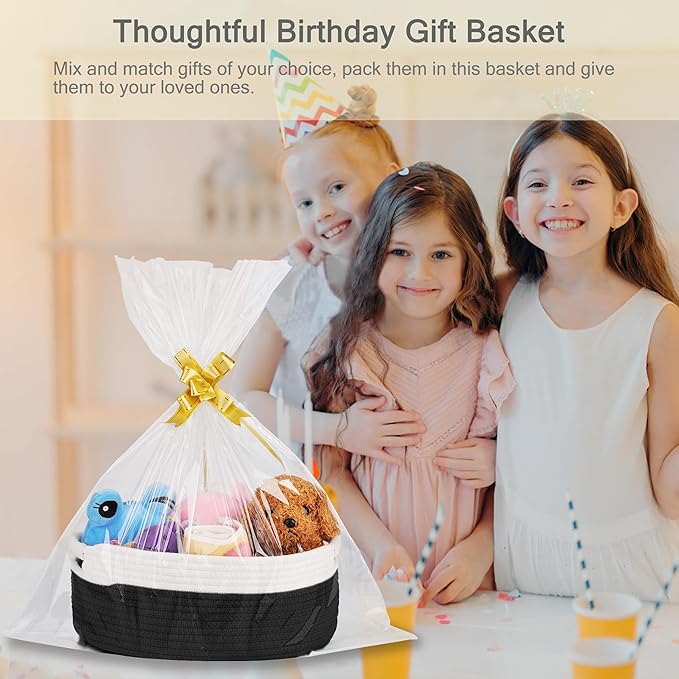 Small Woven Basket with Gift Bags and Ribbons, Empty Baby Gift Baskets for Kids Women Men, Shelf Storage, Small Cat Dog Pet Toy Boxes, 13”x 9”x 5.5”, Black