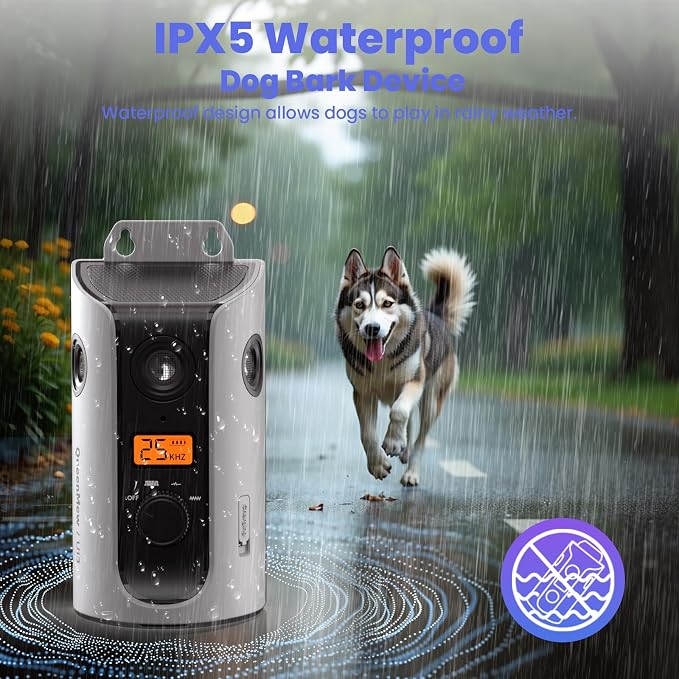 Anti Barking Device, 50FT Solar Charging Dog Barking Deterrent Device, Tri-Directional Ultrasonic Stop Dog Barking Device, Barking Control Device for Indoor Outdoor