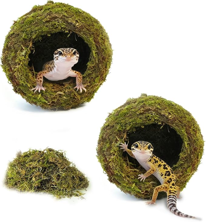 2pcs Crested Gecko Hide,Reptile Mossy Caves Hideout,Leopard Gecko Humid Hide,Natural Moss Cave Hiding Decor Tank Accessories for Reptiles, Amphibians,Invertebrates,Lizard,Frog