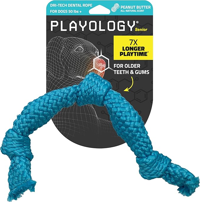 Playology Dog Toys | Dri-Tech Dental Rope Toy for Large Senior Dogs, Gentle on Teeth | Peanut Butter Scented Jumbo Toy | Dog Rope for Tug of War