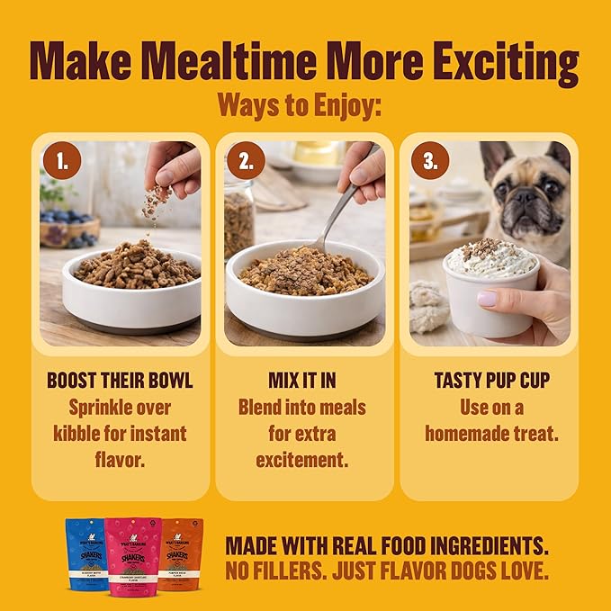 What's Barking Shakers Meal Toppers, Dog Treat Crumbles for Food Topping, Pet Essentials, Sprinkle Topper for Kibble or Wet Food, Made in USA, Resealable Bag, Pumpkin Bread Flavor, 5 oz