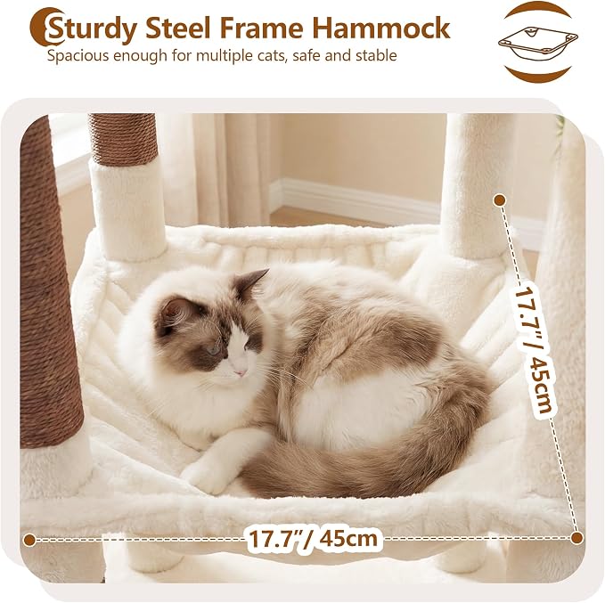Heybly Cat Tree, 53.1-Inch Corner Stable Cat Tower for Large Indoor Cats, Well-Structured Interactive Cat Condo with Fan-Shaped Top Perch, Cozy Condo, Sturdy Base, Basket & Hammock, Beige HCT029MJ