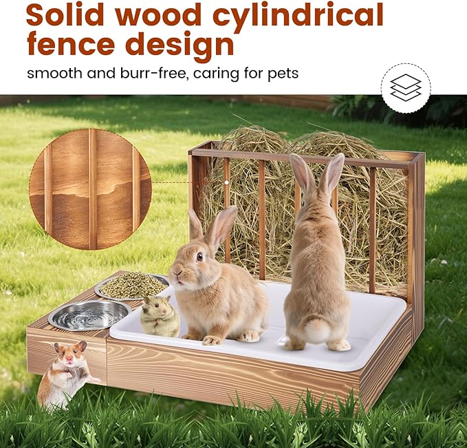 3 in 1 Rabbit Hay Feeder with Litter Box and 2 Bowls, Bunny Feeder Guinea Pig hay Rack Holder & Litter Box for Chinchilla Hamsters Guinea Pig Rabbit Bunny Small Animals (Brown)