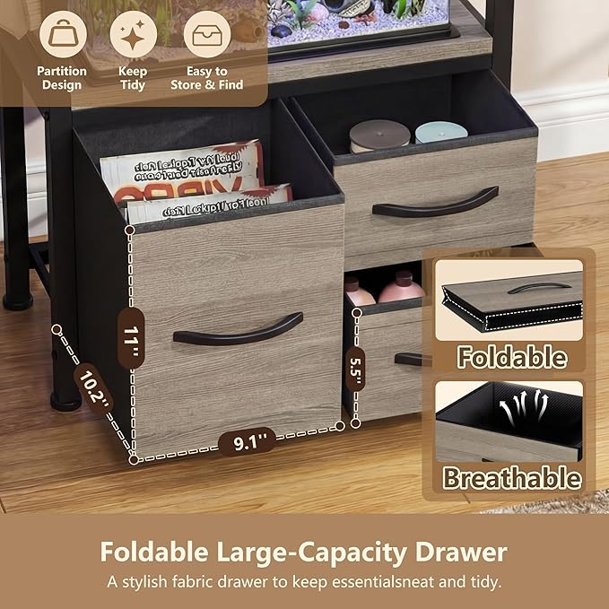 Heybly 5-10 Gallon Fish Tank Stand, Aquarium Stand with Drawer, Power Outlet, Heavy Duty Metal Frame, for Fish Tank, Turtle & Reptile Terrarium, 20.5" × 10.2" Top, 200lbs, Rustic Gray HAS002SSG