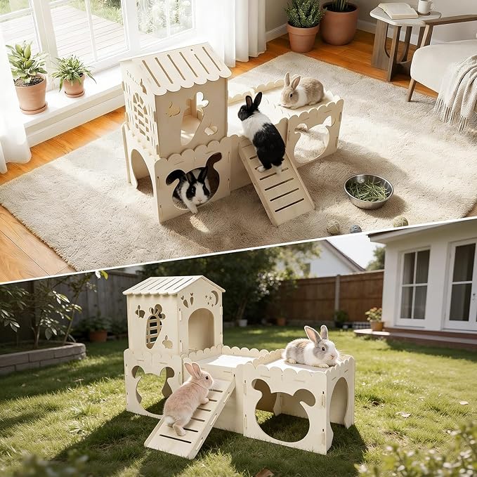 Large Rabbit House with 2PCS Rabbit Scratch Mat, Wooden Bunny Castle with 4 Houses Indoor, Guinea Pig Cage Multistory Climbing Tower Sturdy Wooden Castle, Small Animal Hideaway Tunnel