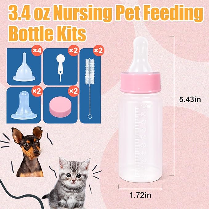 DEMORA Kitten Bottle Feeding Kit, Graduated Nursing Feeding Bottles for Pet Kitten Puppy Hamster Rabbit with Two Kinds of Replaceable Nipples Feeder (Clear, 3.4 oz)