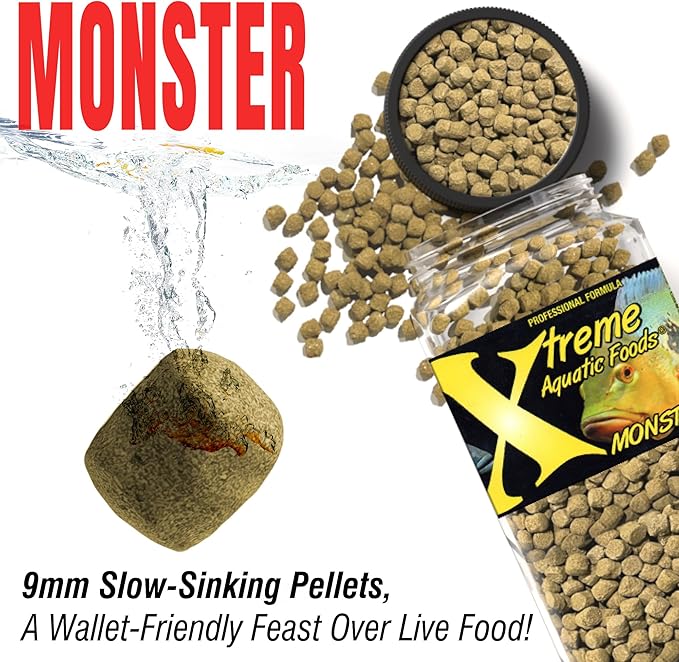 Xtreme Monster 9.0mm Pellets – Slow Sinking & Ideal for Large Cichlids, Monster Fish & Voracious Eaters – Boost Immune & Digestive Health, Max Marine Protein Fish Food – USA Farm Grown (37oz)