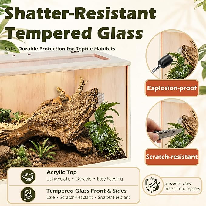 PROLEE Bearded Dragon Tank,Wooden Reptile Tank and Lizard Tank,Tempered Glass Large Bearded Dragon Enclosure with Built-in Lamp Fixture (24X16X16inch,24 Gallons)