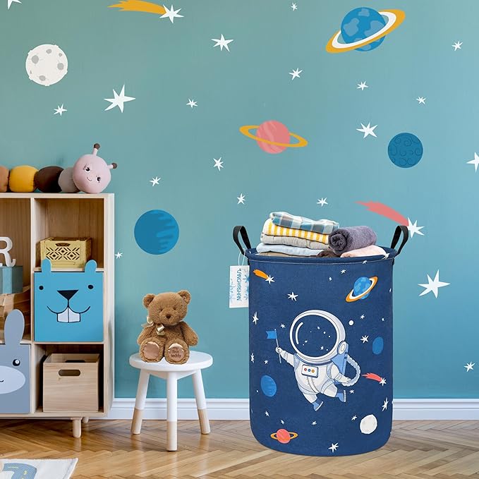 Laundry Basket Canvas Fabric Collapsible Organizer Basket for Storage Bin Toy Bins Gift Baskets Bedroom Clothes Children Nursery Hamper (Blue Space Astronaut)