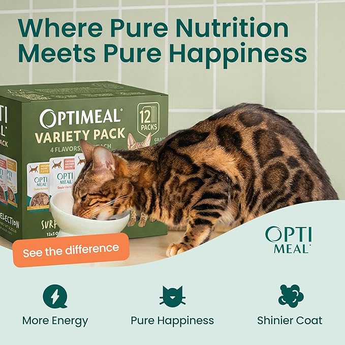 Optimeal Wet Cat Food Variety Pack - Surf & Turf Selection, Grain Free Tender Morsels, High Protein Premium Nutrition Made with Natural European Ingredients, Adult Cat Pouches 3oz (Pack of 12)
