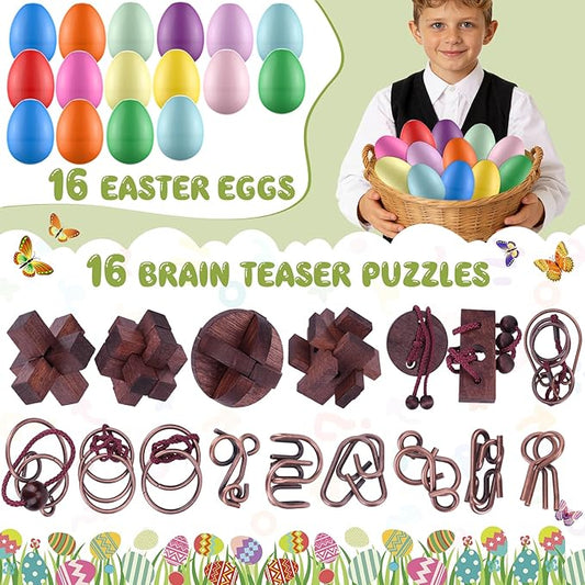 16 Pack Easter Eggs Filled with Brain Teaser Puzzles, Easters Egg Stuffers for Kids Teens Boys Girls, Easter Basket Stuffers for Kids Teens Adults, Eggs Fillers Hunt Game, Classroom Prize Supplies