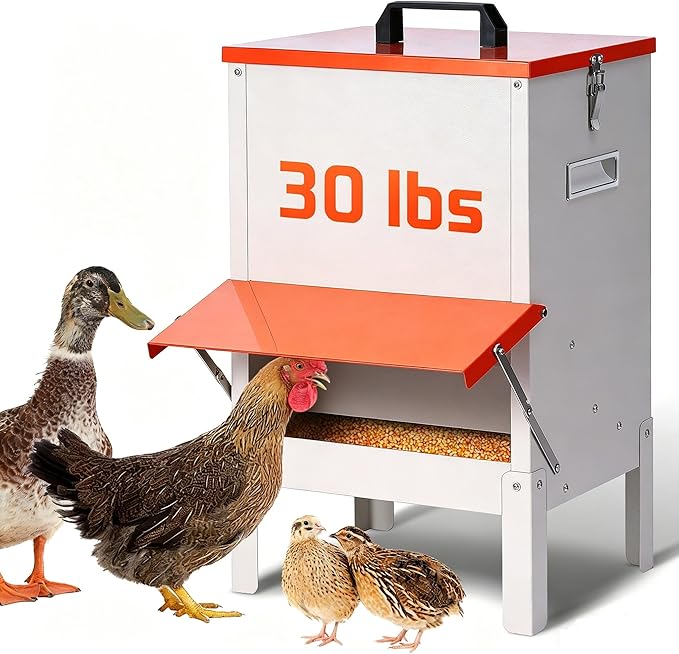 30lbs Automatic Chicken Feeder and Duck Feeder for Outside, Metal Chicken Feeders No Waste, Large Poultry Feeder for Chickens, Ducks, Geese, Pigeons, Dogs, Cats (Orange)