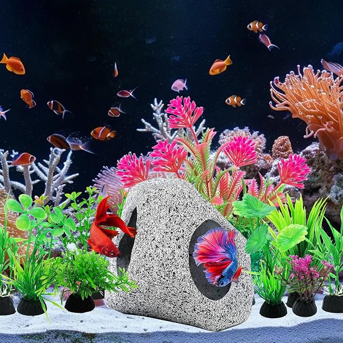 SLOCME 10 Pcs Aquarium Rock Cave & Plants Set – Colorful Plastic Aquarium Plants Fish Tank Decorations, Ceramic Betta Fish Hideout Breeding Shelter