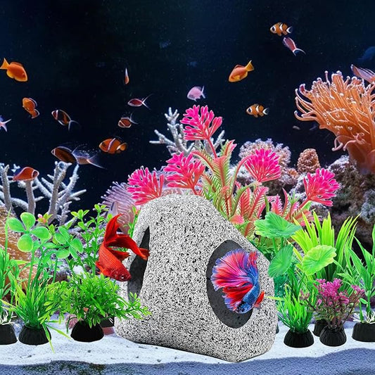 SLOCME 10 Pcs Aquarium Rock Cave & Plants Set – Colorful Plastic Aquarium Plants Fish Tank Decorations, Ceramic Betta Fish Hideout Breeding Shelter