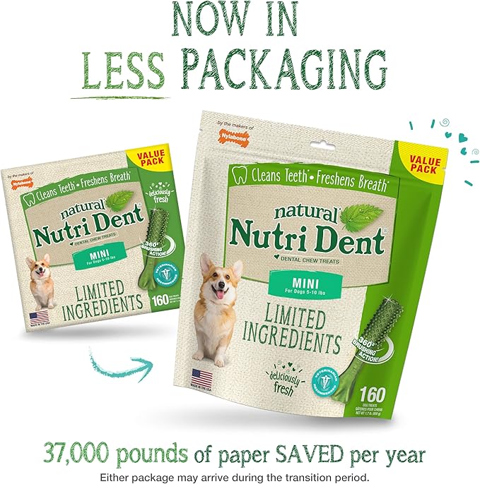 Nylabone Nutri Dent Natural Dental Chews for Dogs, Limited Ingredient Dog Treats Made in the USA, Clean Teeth & Fresh Breath, Healthy Dog Chews, Fresh Breath Flavor, For X-Small Dogs, (160 Count)