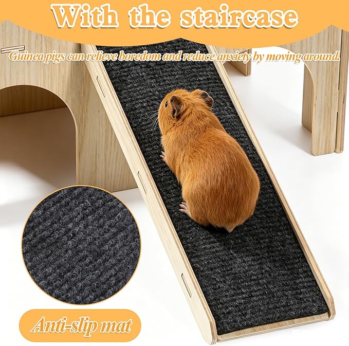 Large Guinea Pig Castle, Sturdy Wooden Guinea Pig Hideout, Upgraded Wooden Guineas Pigs Castle with Anti-Slip Stairs, Easy to Assemble for Small Animal House Habitat or Hamster Hideout