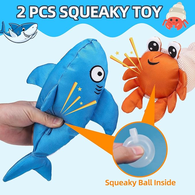PUPTECK Floating Pool Toys for Dogs - 2 Pack Squeaky Pet Water Toys for Fetch & Training, Interactive Summer Outdoor for Large Small Medium Dogs, Shark & Hermit Crab