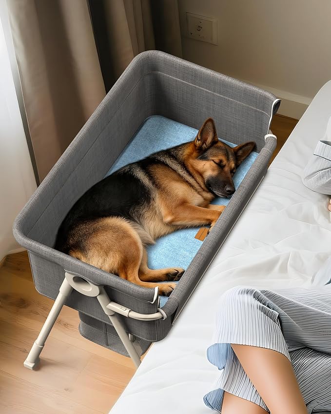 Bedside Dog Bed for Medium & Large Dogs, 4-Height Adjustable Pet Bassinet, Elevated Side-Sleeper Extension for High Human Bed, Washable Large Dog Couch with Auto-Braking Wheels(for Dogs Up to 77 lbs)
