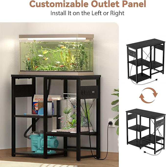 GRLEAF 20-30 Gallon Fish Tank Stand with Power Outlets, 4 Tier Metal Aquarium Stand with Wood Storage Shelves, 30.7" L x 13.8" W x 30.3" H Turtle Reptile Fish Tank Table Aquarium Table - Black