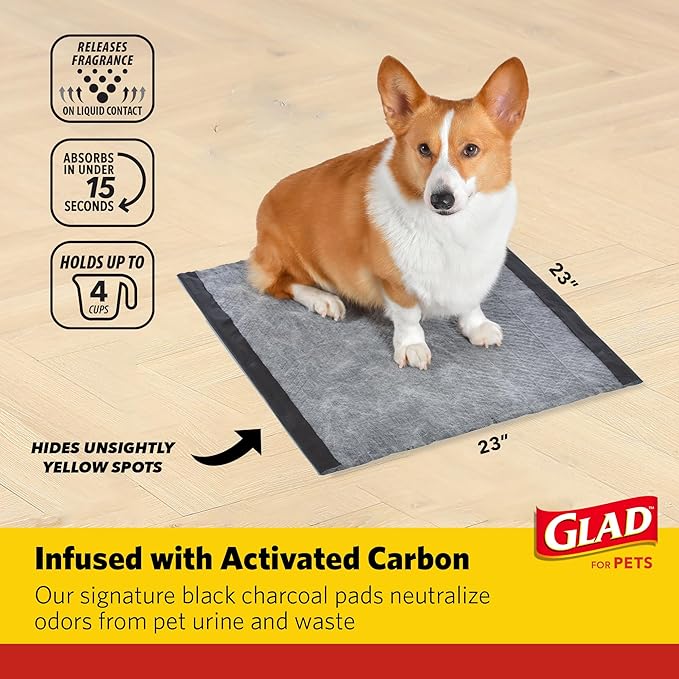 Glad for Pets Dual Action Freshness Activated Carbon Puppy Pads, Fragrance Release, Scented Odor Control, 6-Layer Leak-Proof, Pheromone Attractant, 23 x 23 Inch, 30 Count