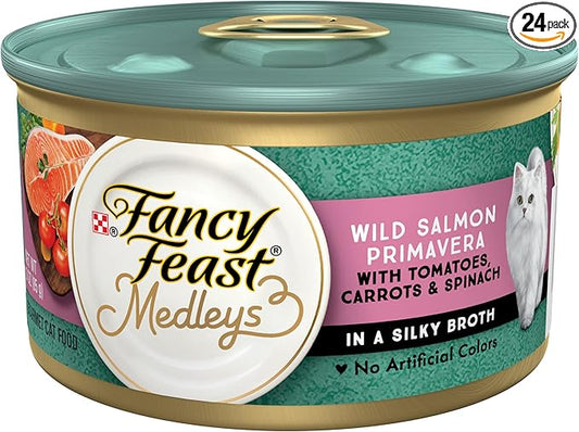Purina Fancy Feast Wet Cat Food Medleys Wild Salmon Primavera With Tomatoes Carrots and Spinach in Silky Broth - (Pack of 24) 3 oz. Cans