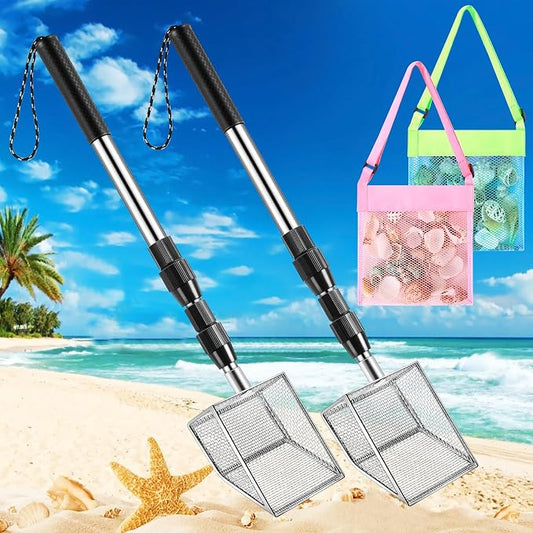 4Pack Shark Tooth Sifter(2 Shell Scooper+2 Seashell Bags), Retractable Long Handle Sand Dipper Shovel Tool for Adults and Kids, Shark Teeth Scoop for Picking Up Shells and Rocks