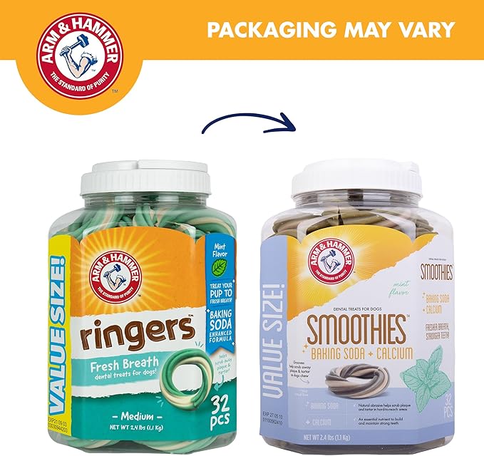 Arm & Hammer Smoothies Dental Chews for Dogs with Baking Soda & Calcium, Fight Bad Breath, Plaque & Tartar without Brushing, Mint Flavor, Ring Shaped, 32 Count, 2.4 lb Bucket
