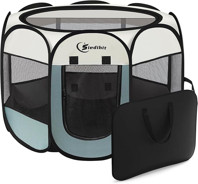 Siedihit Dog Playpen, Puppy Pet Playpen, Medium Dogs Tent Crates Cage Indoor/Outdoor, Portable Pop Up Dog Kennel Playpen with Carrying Case for Dogs/Cats/Rabbits, Removable Zipper Top, Grey