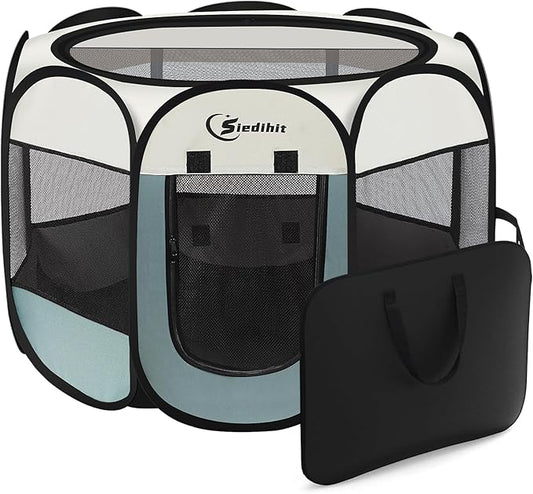 Siedihit Dog Cat Playpen, Puppy Pet Playpen Indoor for Small Dog Crate Tent Cage Outdoor, Portable Pop Up Dogs Enclosure Kennel with Carrying Case for Dogs/Cats/Rabbits(Grey, Small