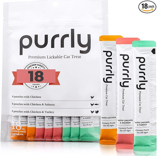 Purrly Lickable Wet Cat Treats Healthy Grain-Free Chicken Variety Pack (18 Count) Squeezable Creamy Purée with Human-Grade Protein Functional Nutrients Non-GMO No-Artificial-Additives Low-Phosphorus