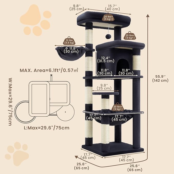 Heybly Cat Tree, 56-Inch Multi-Level Easy Climb Tower for Large Cats, Cat Furniture with 2 Perches, Cozy Hammock, Spacious Condo & Cat Basket, Durable Sisal Scratching Posts, Smoky Gray HCT028G