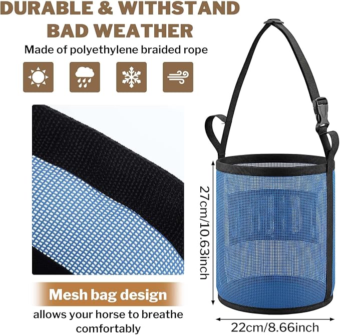 3 Pack Horse Feed Bag for Grain, Blue PVC Mesh Feed Bags for Horses with Adjustable Strap, Durable Feeder for Camping or Stable Use