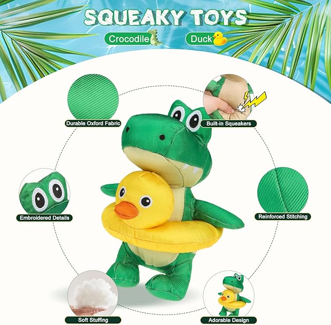 EXPAWLORER 2-in-1 Squeaky Floating Dog Toys for Small Medium Large Dogs, Crocodile & Duck Set Water Pool Toys with Squeakers, Interactive Outdoor Fetch Pet Toy for Beach Lake Summer Essentials