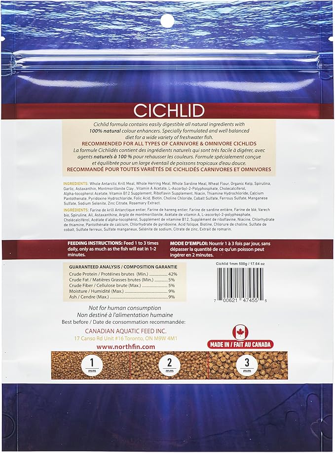 Northfin Cichlid Formula Fish Food – Slow Sinking Pellets for Cichlids (1mm, 500g) | Premium High-Protein, All-Natural Cichlid Diet to Enhance Color & Growth – No Fillers, No Hormones, Made in Canada