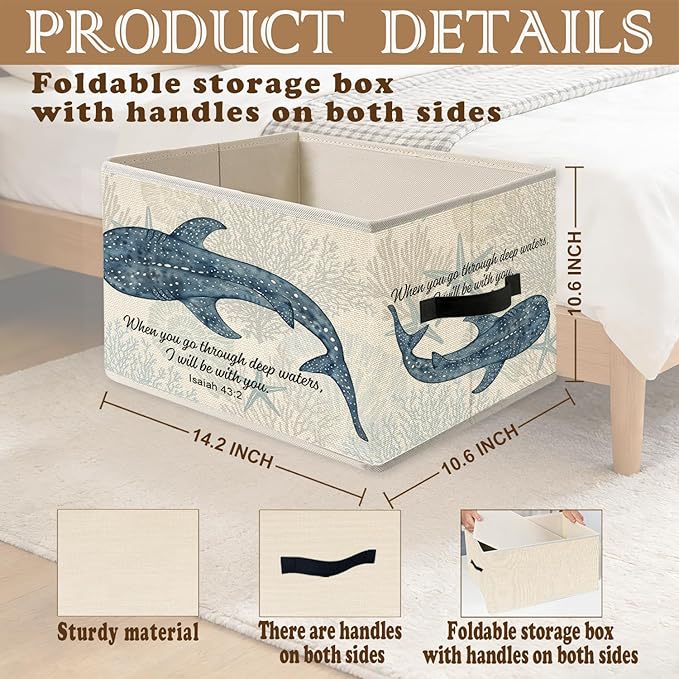 Ocean Whale Shark Christian Storage Bins, Coastal Isaiah 43:2 Bible Verses Foldable Closet Organizers Storage Basket Toybox for Clothes Bed Sheets Blankets Toys
