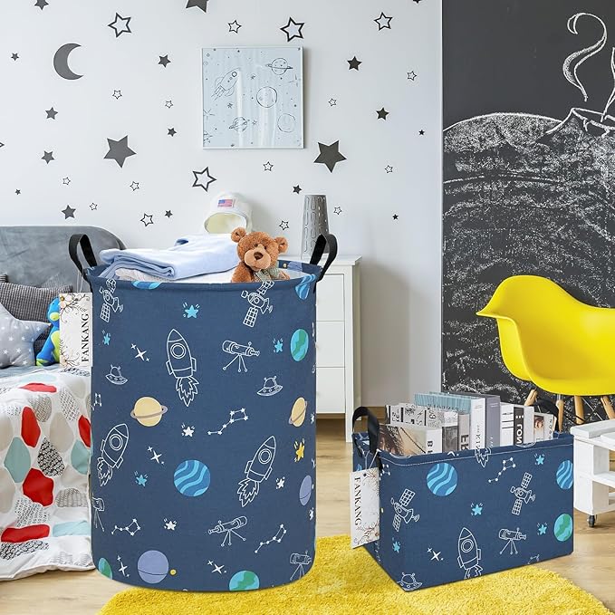 Storage Basket, Nursery Hamper Canvas Laundry Basket Foldable with Waterproof PE Coating Large Storage Baskets for Kids Boys and Girls, Office, Bedroom, Clothes,Toys（Colorful Space ）