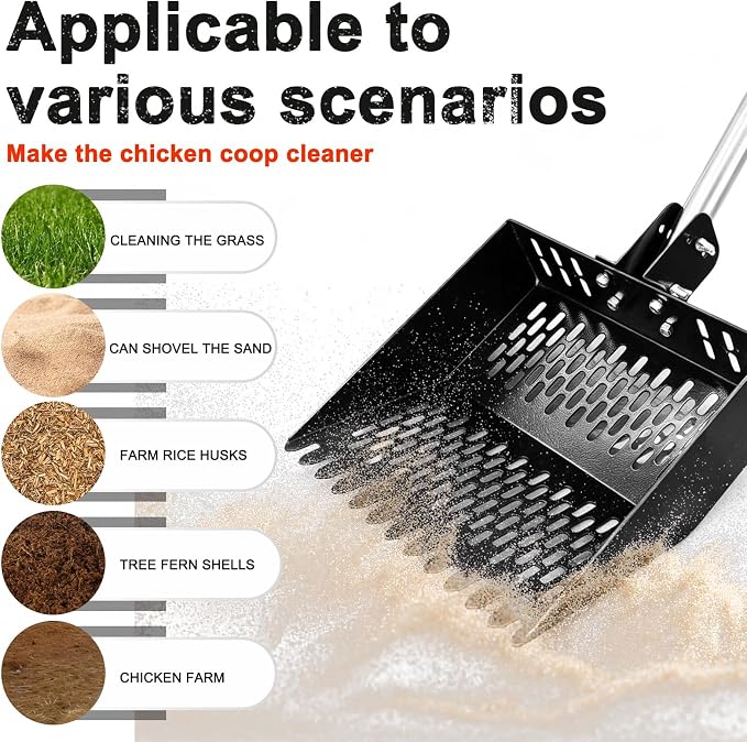 12inch Width Heavy Duty 2-in-1 Chicken Poop Scooper & Rake, Stainless Steel Chicken Coop Litter Sifting Shovel with Ergonomic Grip & Adjustable Angle, Sand Scoop for Coop, 37-54 Inch (12inch)