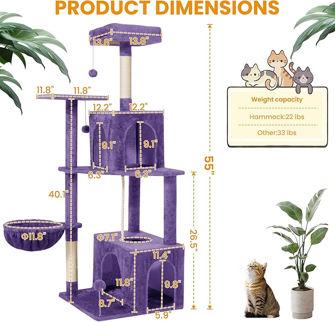 54-Inch Cat Tree Tower with 2 Caves & 2 Pompoms - Multi-Level Tower for Indoor Cats, Soft Plush Condo with Scratching Posts - Sturdy Base for Large Cats(Purple)