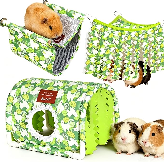 Guinea Pig Hideout Tunnel - Stable Washable Small Animal Tunnel Hide with Curtains,Guinea Pig Accessories for Hamster/Chinchilla/Dwarf Rabbit/Ferret (GreenAlpaca setof3, Large)