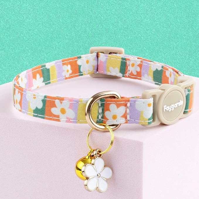Faygarsle 2 Pack Striped Plaid Floral Pattern Cat Collars Breakaway Safety Collar with Bell Spring Summer Design for Girl Cats,Yellow Multicolor