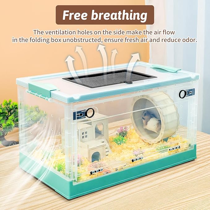 Portable and Foldable Hamster Cages with Wheels, Castle Habitat, and Exercise Wheel, Easy to Move and Store Suitable for Guinea Pigs, Rat and Other Small Animals (Blue)