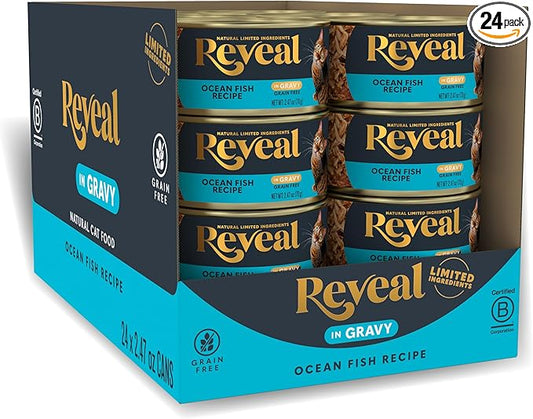 Reveal Natural Wet Canned Cat Foody, Limited and Natural Ingredients, Grain Free, High Protein with No Artificial Additives, Ocean Fish in Gravy (24 x 2.47 oz Cans)