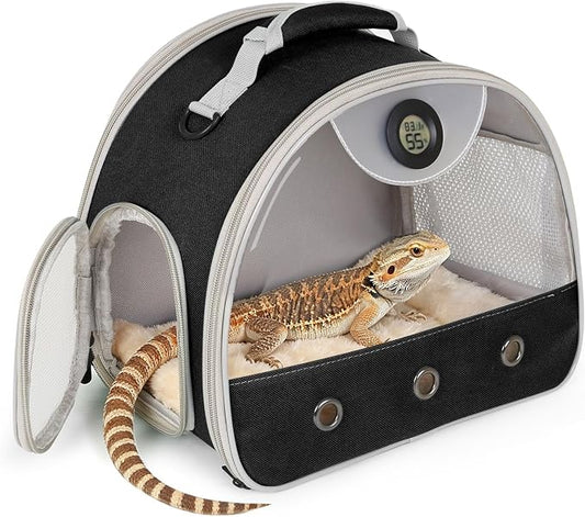 Bearded Dragon Travel Backpack Carrier with Reptile Thermometer and Humidity Gauge Lizard Travel Cage Space Capsule Clear Bubble Window Astronaut Reptile Bag for Ball Python (Black, Carrier)