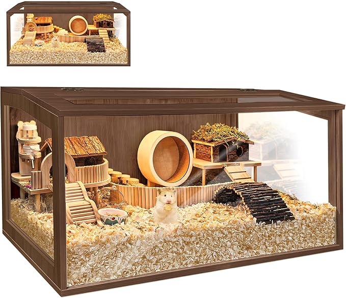PROLEE Hamster Cage with Chewproof Wood Top, Guinea Pig Cages, Hamster Habitat with Clear Acrylic Sheets Solid Built, Small Animal Cage (Walnut, 32X15.5X15.5 inch)